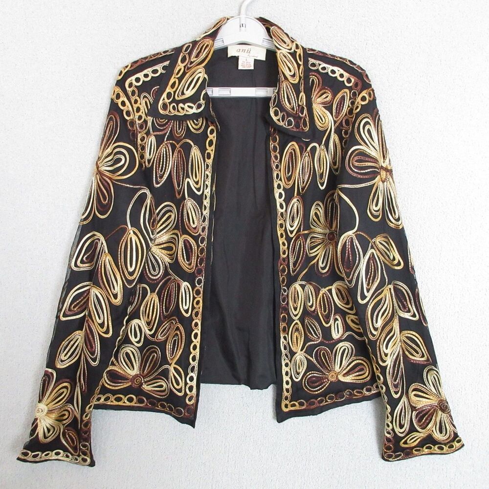 anii Embroidered Jacket Womens L Black Gold Floral Rayon‎ Boho Open Front Unique